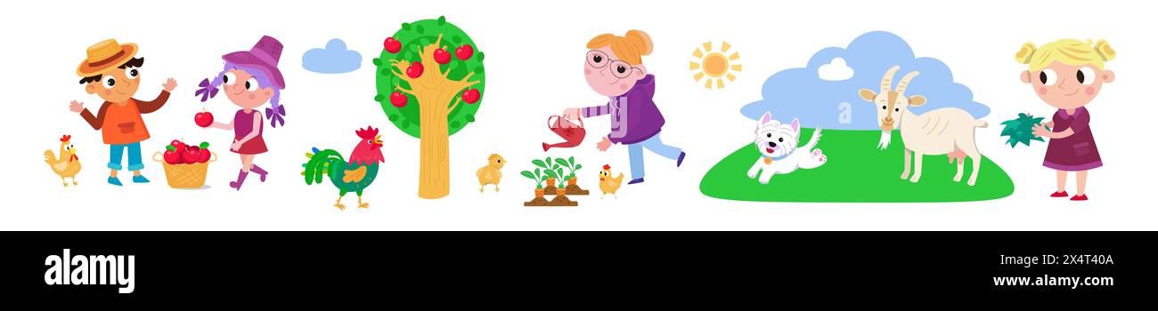 Cartoni animati cartoni animati con animali e persone in fattoria per il design. Illustrazione dei caratteri isolati sullo sfondo. Immagine vettoriale per libri, cartelle di lavoro, schede Illustrazione Vettoriale