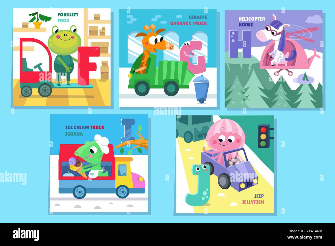 Set di lettere. Alfabeto, carte con simpatici personaggi in stile cartoni animati. Animali e trasporto. ABC. Istruzione per bambini. Attività in età prescolare. Vettore Illustrazione Vettoriale