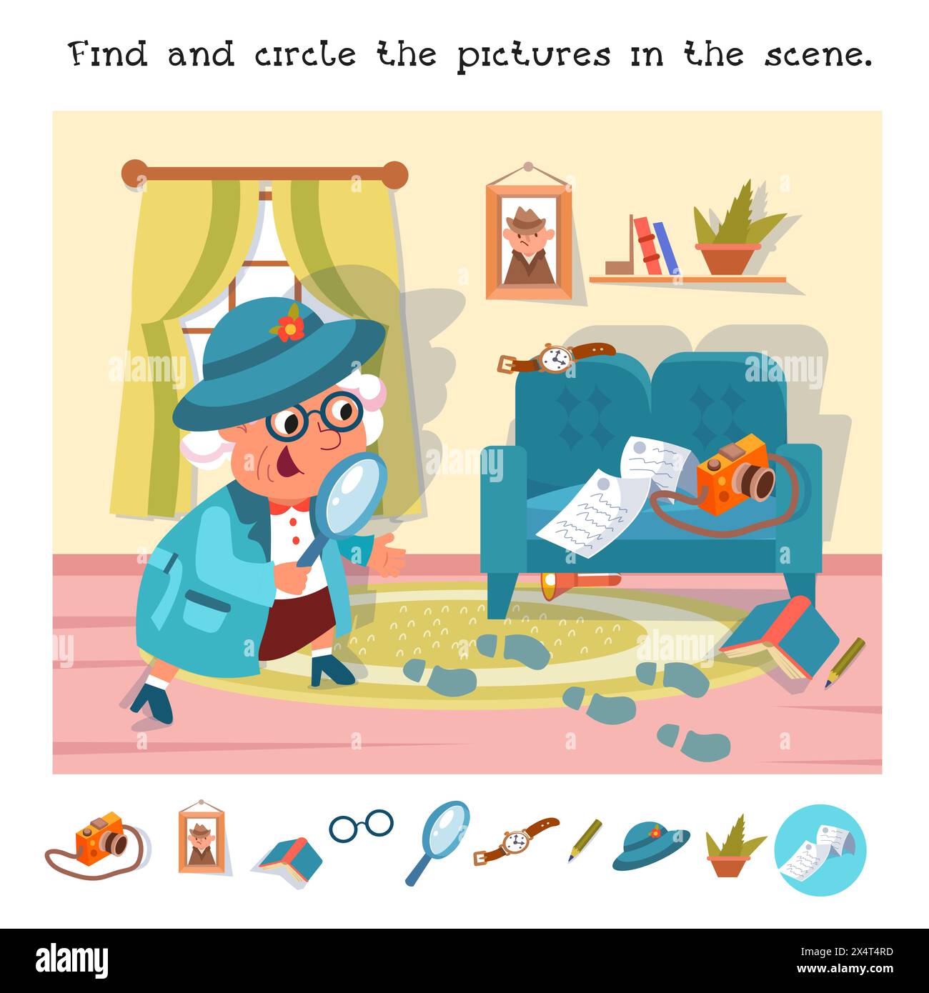 Individuare gli oggetti nascosti nell'immagine. Rompicapo educativo per bambini. Simpatica nonna dei cartoni animati con lente d'ingrandimento. Illustrazione del colore vettoriale Illustrazione Vettoriale