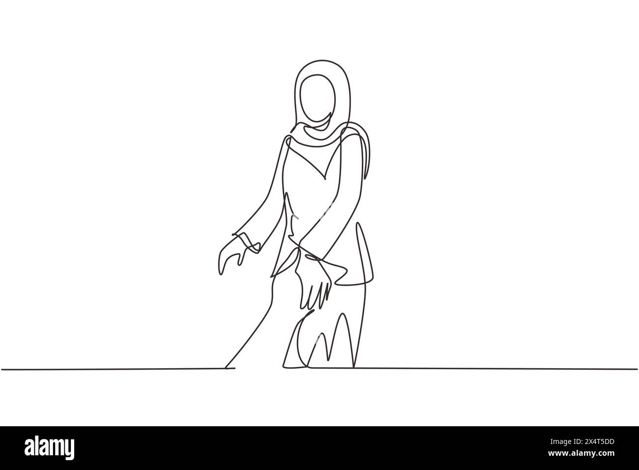 Una linea continua che attira una donna araba che cammina per una romantica vacanza di luna di miele, tenendo la mano del marito che la segue, vista da dietro. Colpo di stato Illustrazione Vettoriale