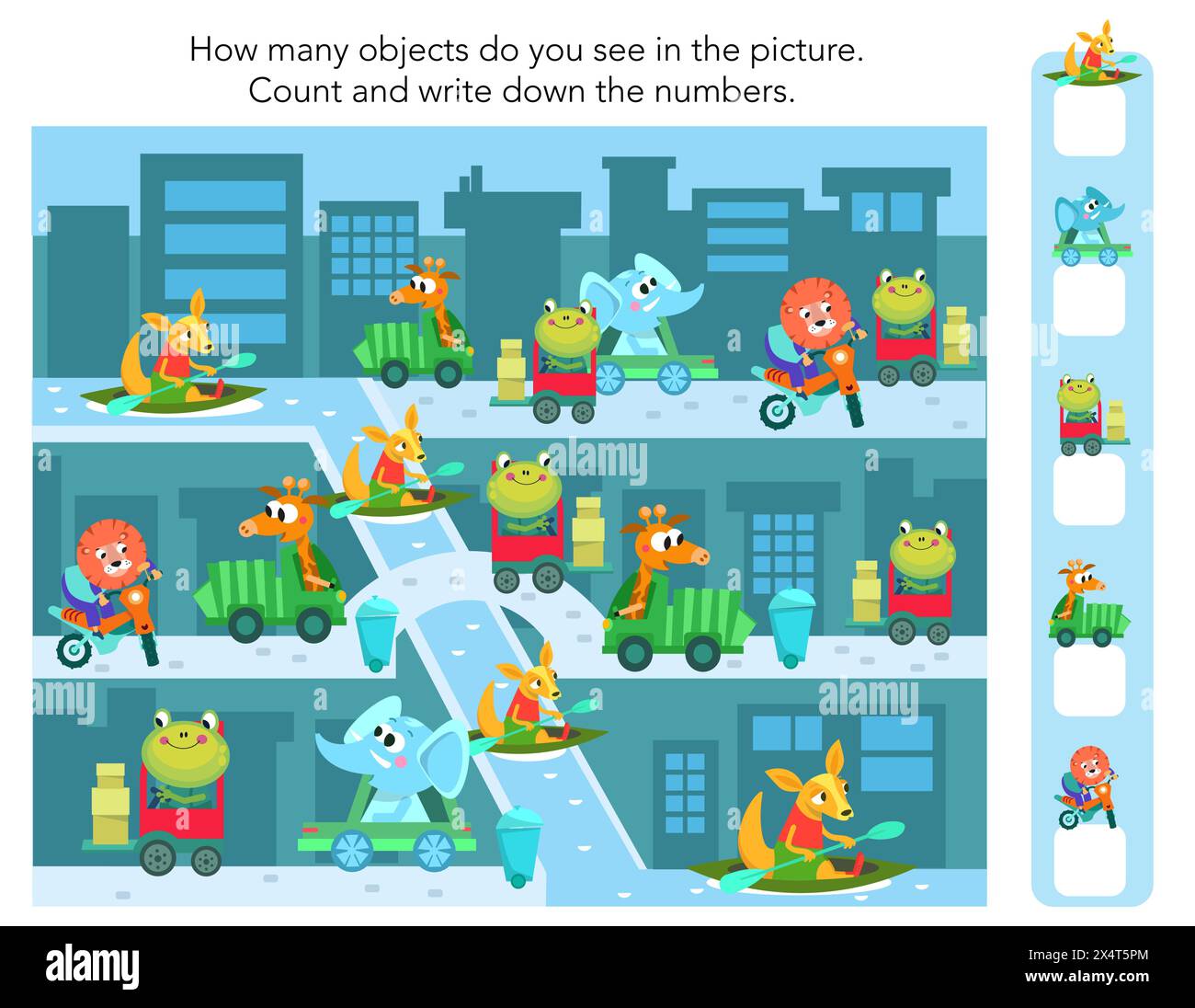 Quanti oggetti nell'immagine. Puzzle per bambini. Contare e scrivere numeri. Animali in città. Personaggi dei cartoni animati. Buffo leone, elefante, giraffa Illustrazione Vettoriale
