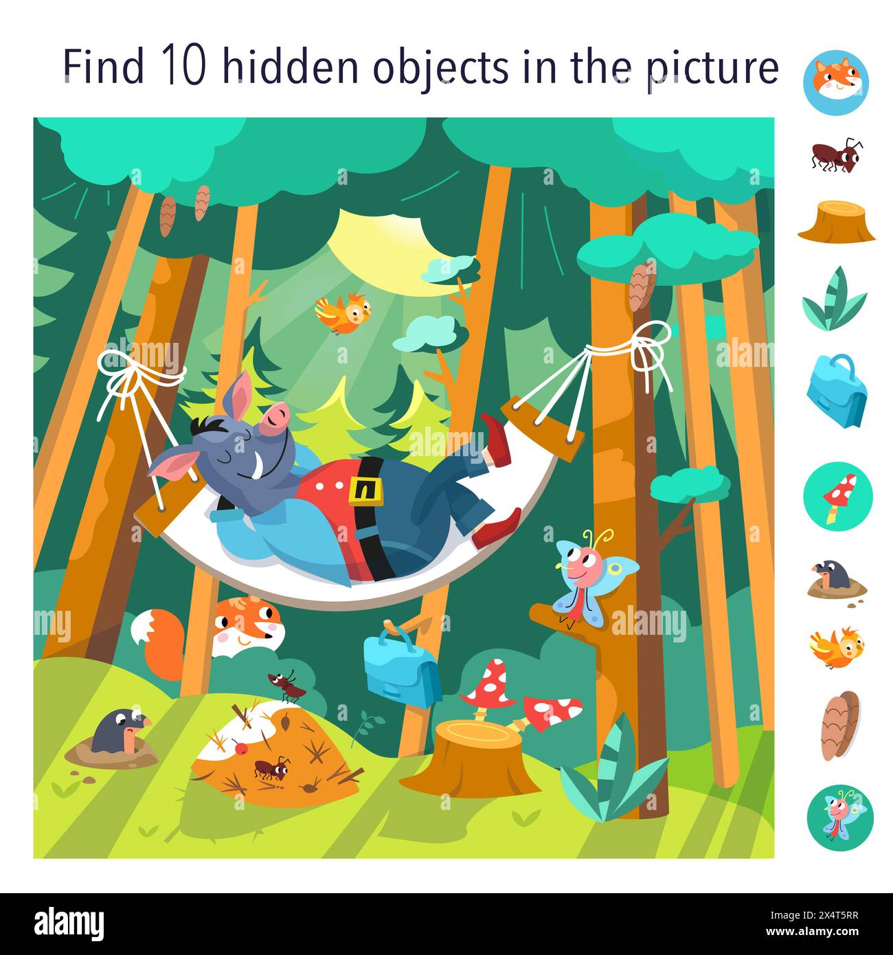 Trova 10 oggetti nascosti nell'immagine. Gioco educativo per bambini. Cartoni animati cinghiali su amaca nella foresta. Simpatici personaggi animali in stile piatto. Vettore Illustrazione Vettoriale