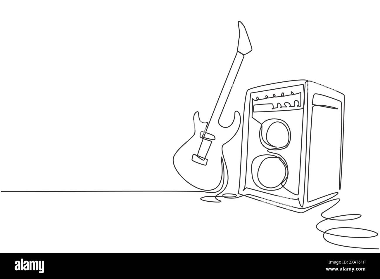 Chitarra elettrica a linea singola continua con amplificatore. Musica rock di sottofondo illuminata con microfono, chitarra elettrica e altoparlanti. O Illustrazione Vettoriale