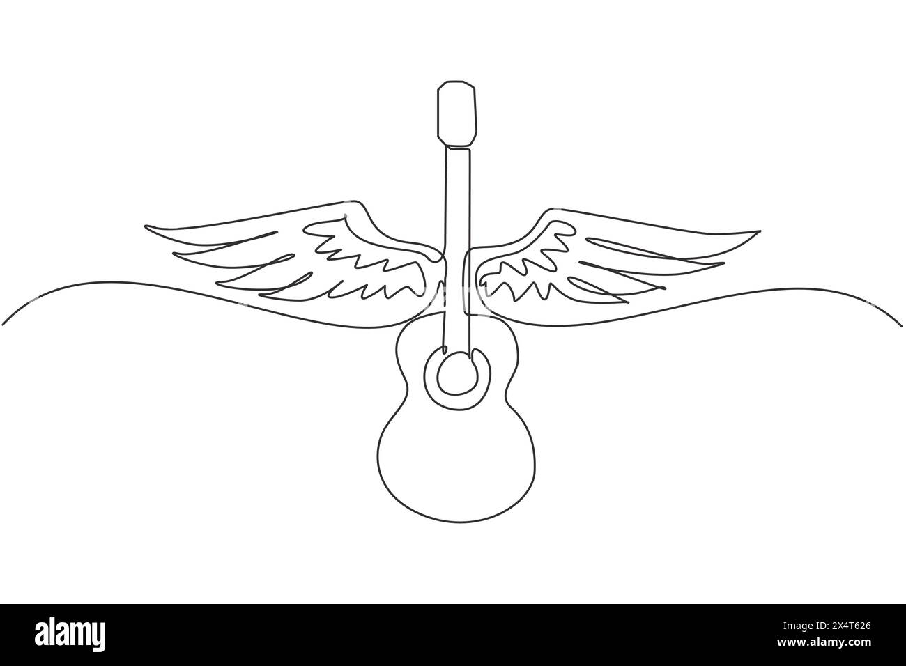 Emblema musicale a una linea continua con ali, fuoco e sottotitoli per chitarra. Strumento musicale. Concerto rock. Chitarra acustica con ali. Si Illustrazione Vettoriale