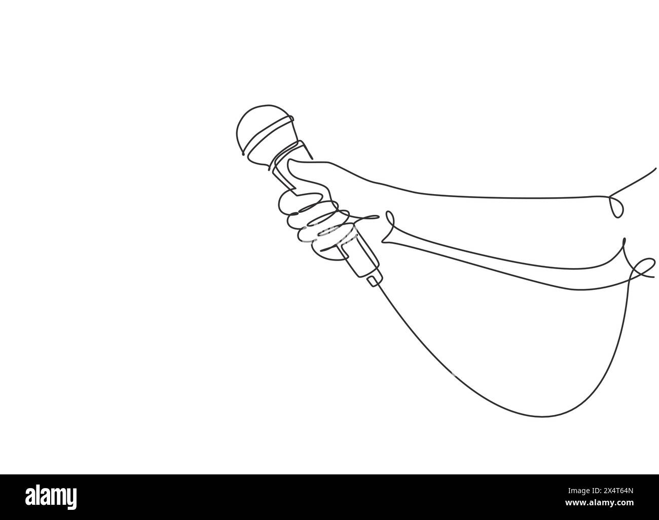 Linea singola continua per disegnare la mano femminile con microfono, su sfondo bianco. Reporter tv tv news tenendo il microfono in mano. Dinamico o Illustrazione Vettoriale