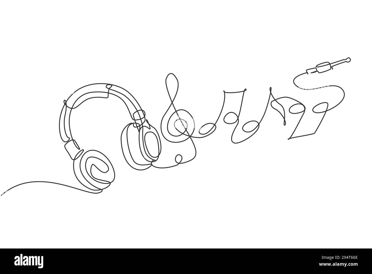 Cuffie singole con disegno a linea continua. Gadget e note musicali. Schizzo del profilo delle cuffie audio. Concetto vettoriale Lineart di simbolo musicale. Attivazione dinamica Illustrazione Vettoriale