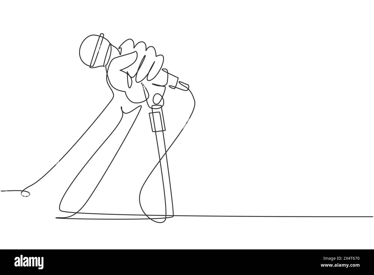 Cantante continua a una linea che disegna utilizzando il microfono. La gente del karaoke canta la canzone al microfono. Alzatevi comico tenendo il microfono in mano. Si Illustrazione Vettoriale