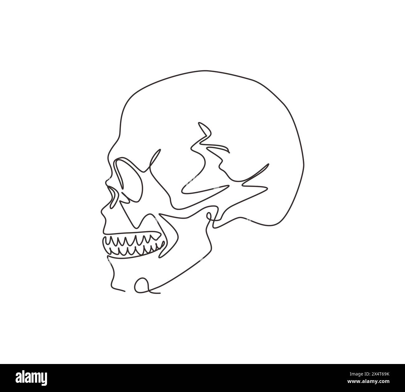 Una linea continua che traccia un'illustrazione in bianco e nero del cranio. Osso della testa umana. Design del tatuaggio disegnato a mano con scheletro. Tracciare i crani anatomici in Illustrazione Vettoriale