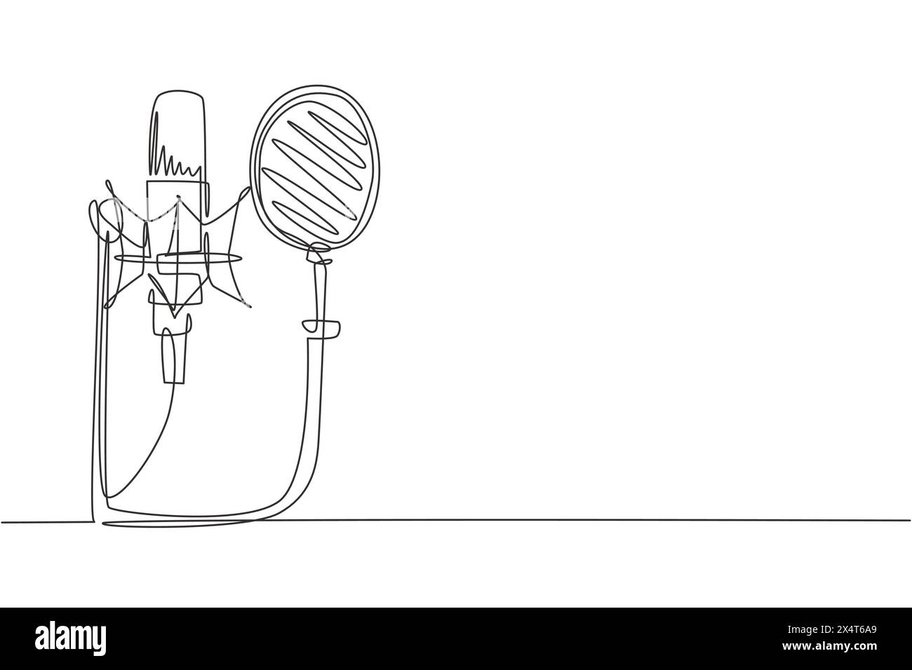 Oggetto tecnologico di disegno su una sola linea, concetto di apparecchio di registrazione del suono. Microfono Studio argento e protezione pop nera sul supporto del microfono. conti moderni Illustrazione Vettoriale