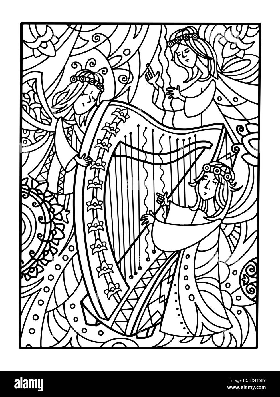 Arpa celtica e fate. Simpatici personaggi dei cartoni animati. Contorno bianco e nero per la colorazione. Illustrazione vettoriale delle fate. Illustrazione Vettoriale