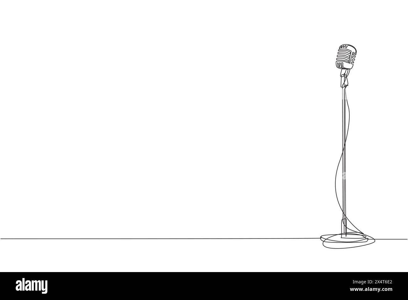 Microfono vintage con disegno a linea continua singolo isolato su sfondo bianco. Vecchio microfono da supporto per cantante al classico spettacolo musicale. Acceso Illustrazione Vettoriale