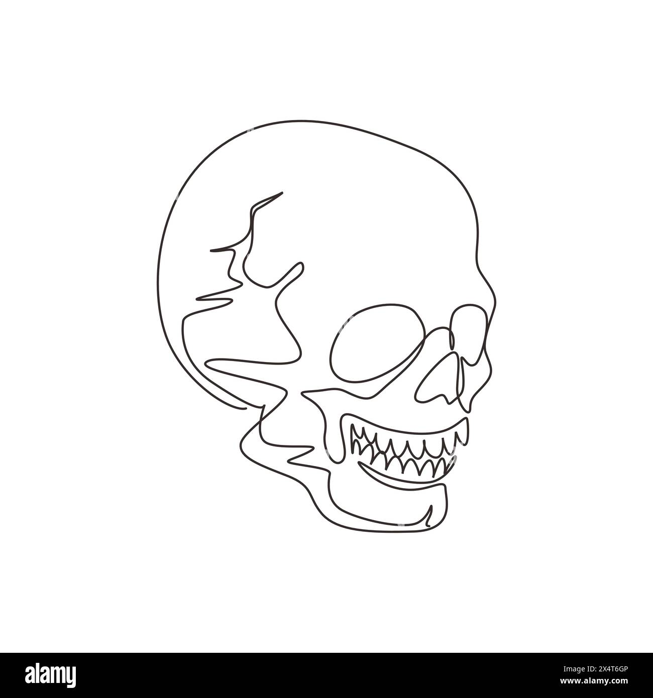 Teschi grafici di disegno su una sola linea isolati su sfondo bianco. L'anatomia affronta elementi vettoriali horror di halloween. Cranio umano inciso con chiuso Illustrazione Vettoriale