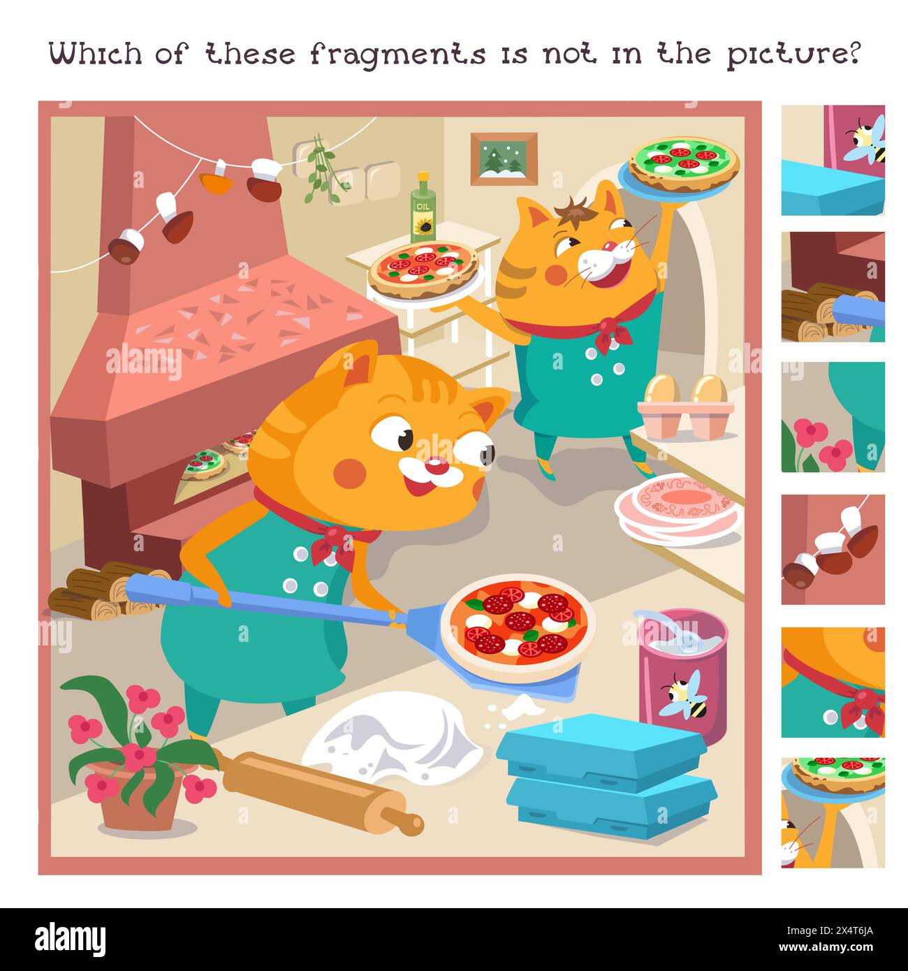 Trova i frammenti nascosti. Gioco educativo per bambini. Puzzle in stile cartoni animati. Simpatico gatto del pizzaiolo con pizza. Illustrazione vettoriale per bambini. Illustrazione Vettoriale