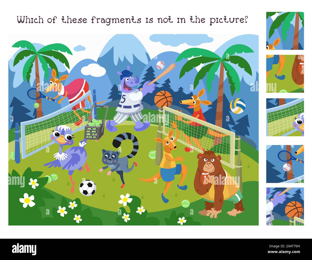 Trova i frammenti nascosti. Puzzle educativo per bambini. Animali carini che fanno sport. Scena di cartoni animati vettoriali. Animali divertenti in tute sportive. Illustrazione Vettoriale