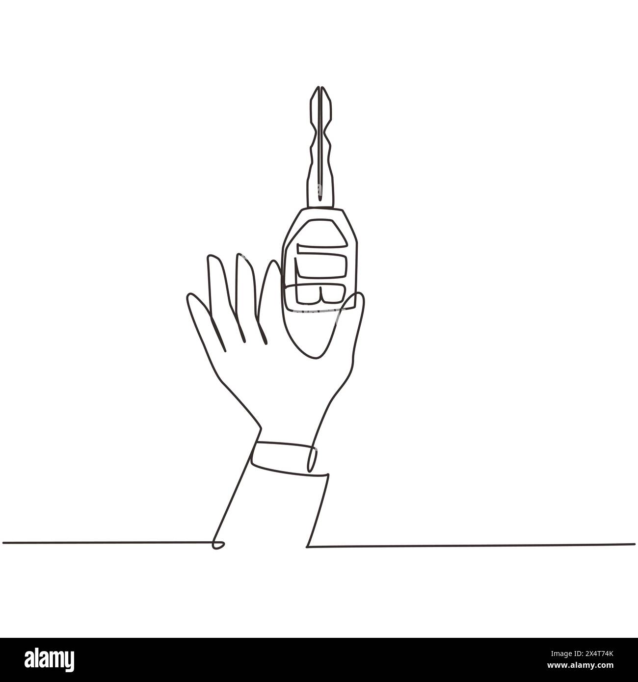Chiave per auto a una sola linea di disegno maschile. Tema di vendita di auto. Mano del responsabile delle vendite di auto con la chiave isolata su sfondo bianco. Moderno Illustrazione Vettoriale