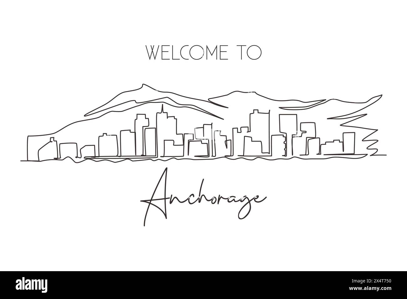 Una sola linea che disegna lo skyline di Anchorage, Alaska. Città famosa per la stampa di decorazioni murali. La migliore destinazione turistica al mondo. conto tratto modificabile Illustrazione Vettoriale