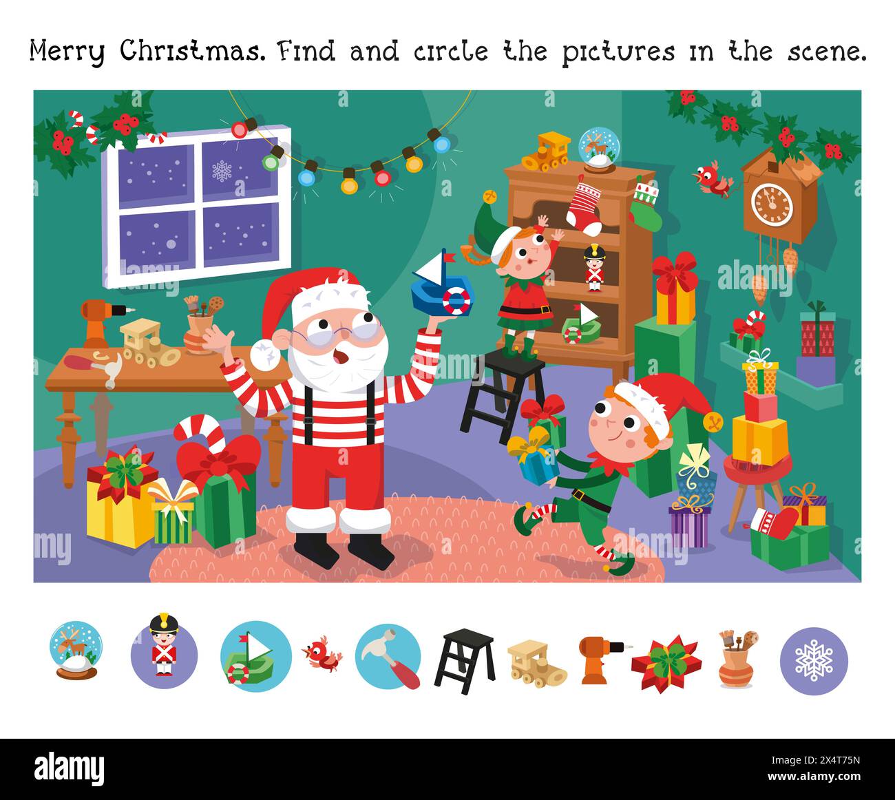 Individuare gli oggetti nascosti nell'immagine. Puzzle game educativo per bambini. Carino Babbo Natale ed elfi che fanno regali per i bambini. Workshop di Natale con Illustrazione Vettoriale