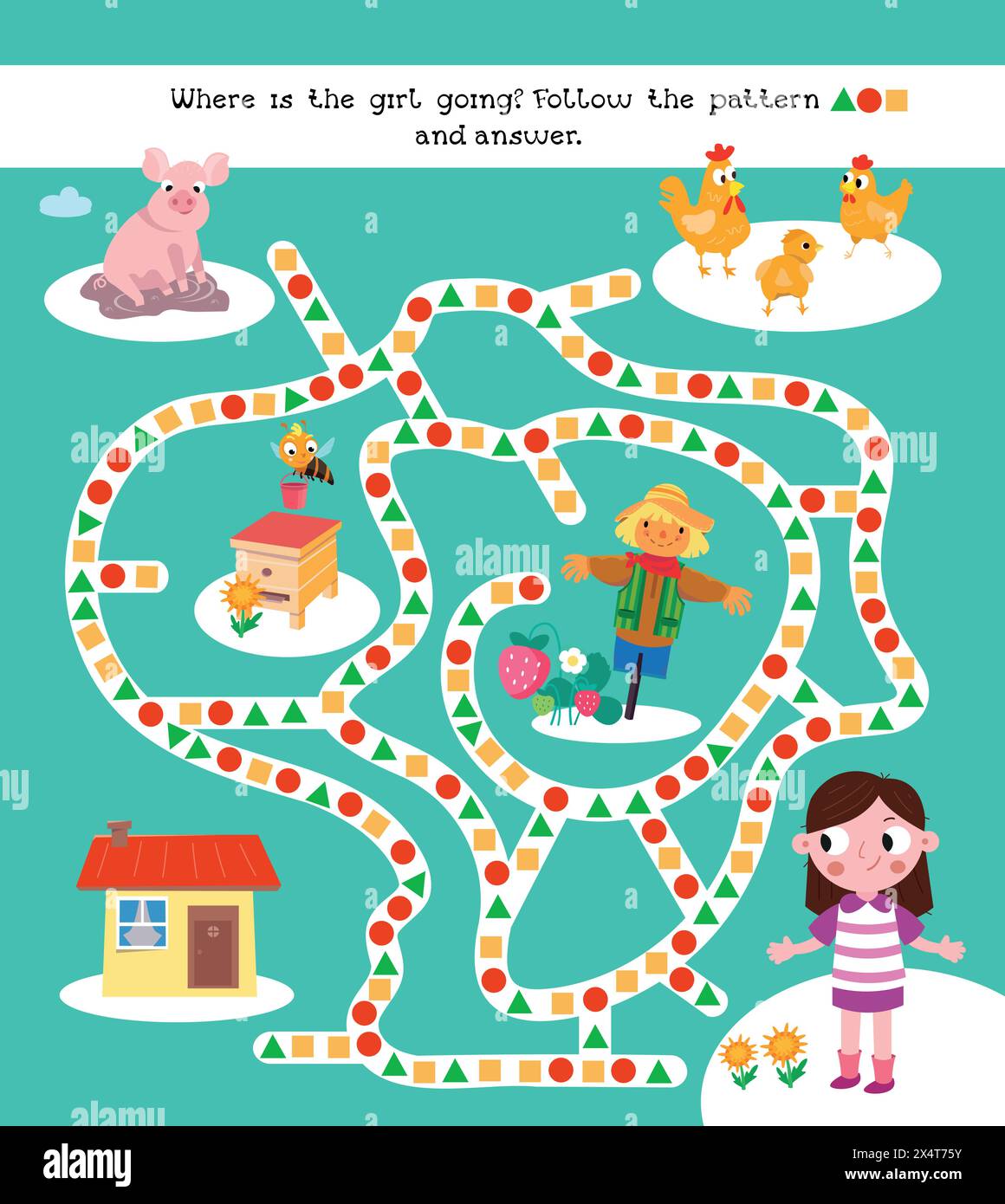 Gioco labirinto, attività per bambini. Puzzle per bambini. Seguire lo schema, disegnare le linee. Illustrazione vettoriale. Personaggi carini. Simpatici animali domestici. Illustrazione Vettoriale