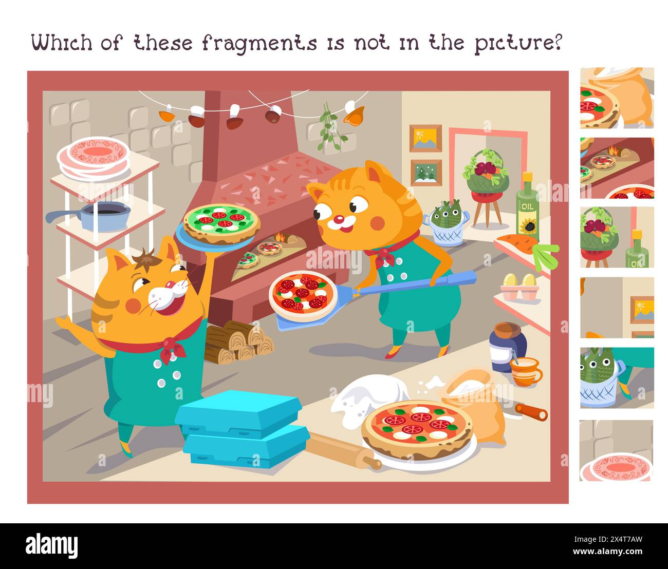 Trova i frammenti nascosti. Gioco educativo per bambini. Puzzle in stile cartoni animati. Simpatico gatto del pizzaiolo con pizza. Illustrazione vettoriale per bambini. Illustrazione Vettoriale