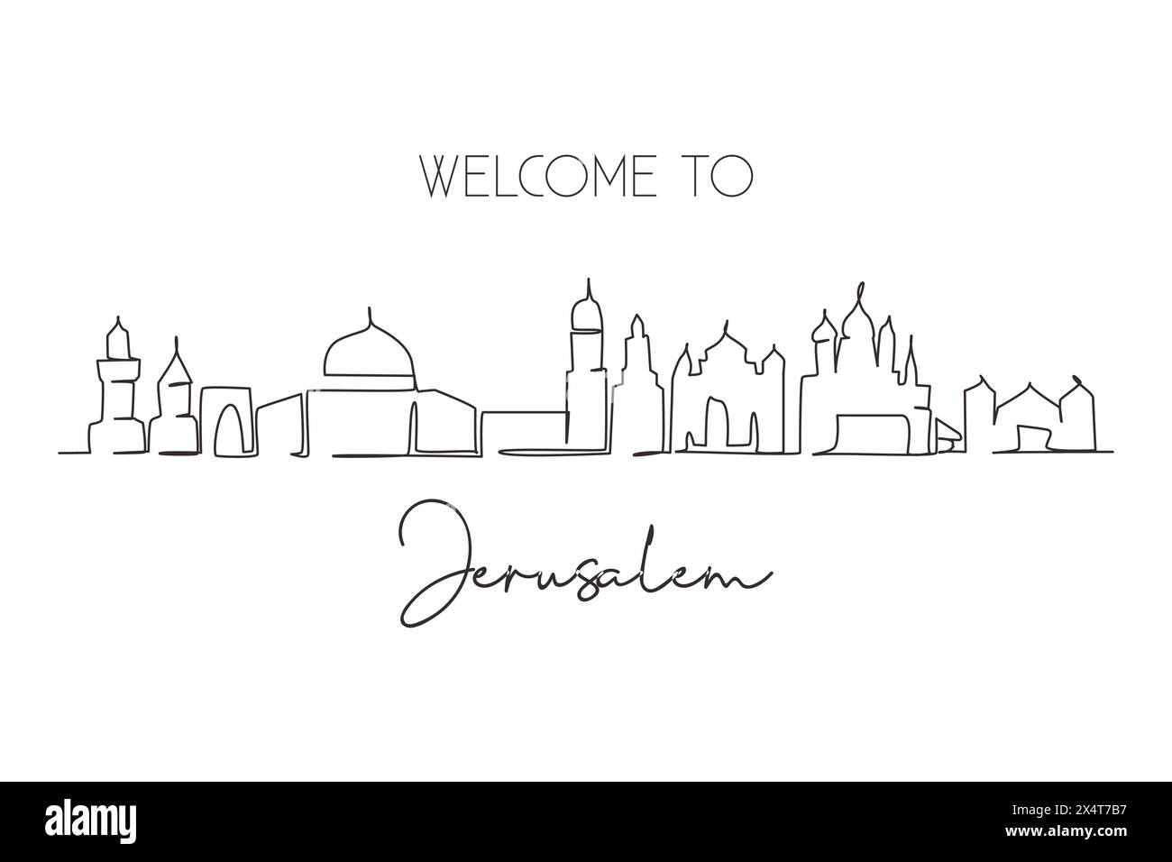 Una sola linea che disegna lo skyline di Gerusalemme, Palestina. Famosa città Santa per la stampa di decorazioni murali. Concetto di viaggio nel mondo. Tratto modificabile Modern Continu Illustrazione Vettoriale