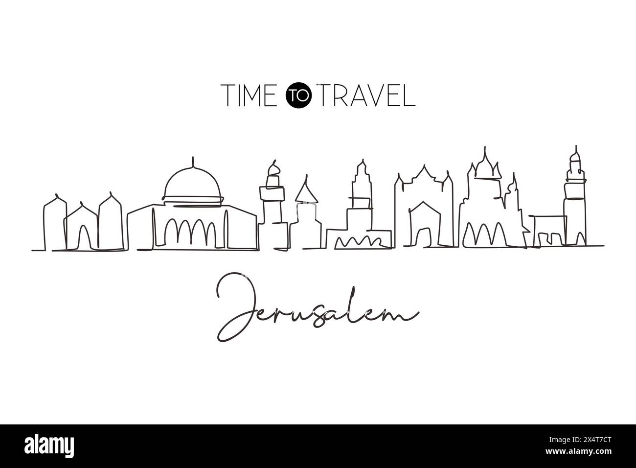 Linea singola continua che disegna lo skyline della città Santa di Gerusalemme, Palestina. Il paesaggio storico della città nel mondo. La migliore destinazione per le vacanze. Stro modificabile Illustrazione Vettoriale