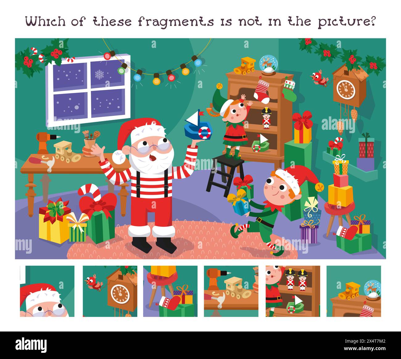 Individuare i frammenti nell'immagine. Puzzle game educativo per bambini. Carino Babbo Natale ed elfi che fanno regali per i bambini. Workshop di Natale. Inverno Illustrazione Vettoriale