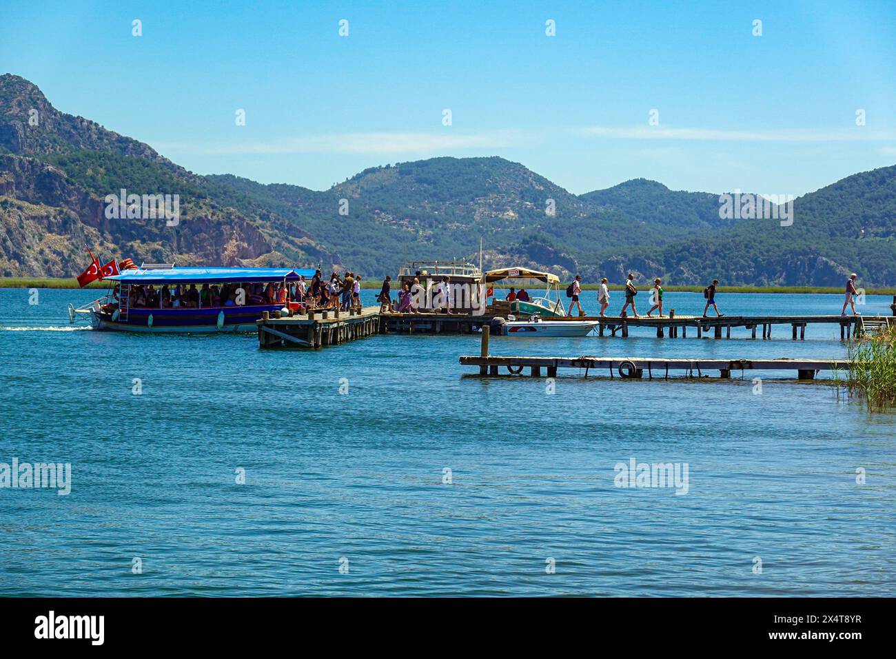 Barche turistiche che arrivano alla spiaggia di Iztuzu, Turtle Beach, presso la popolare destinazione turistica di Dalyan, provincia di Mugla, Turchia Foto Stock