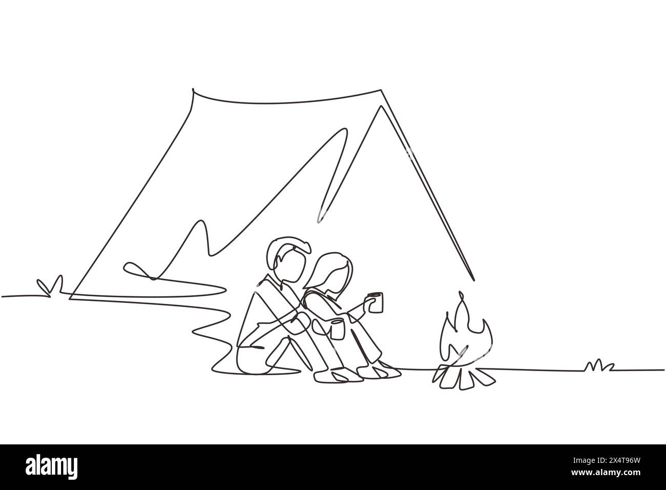 Una coppia con una linea continua, seduta a terra vicino al falò, una romantica data fuori città, campeggio. Uomo donna beve tè caldo che si scalda Illustrazione Vettoriale