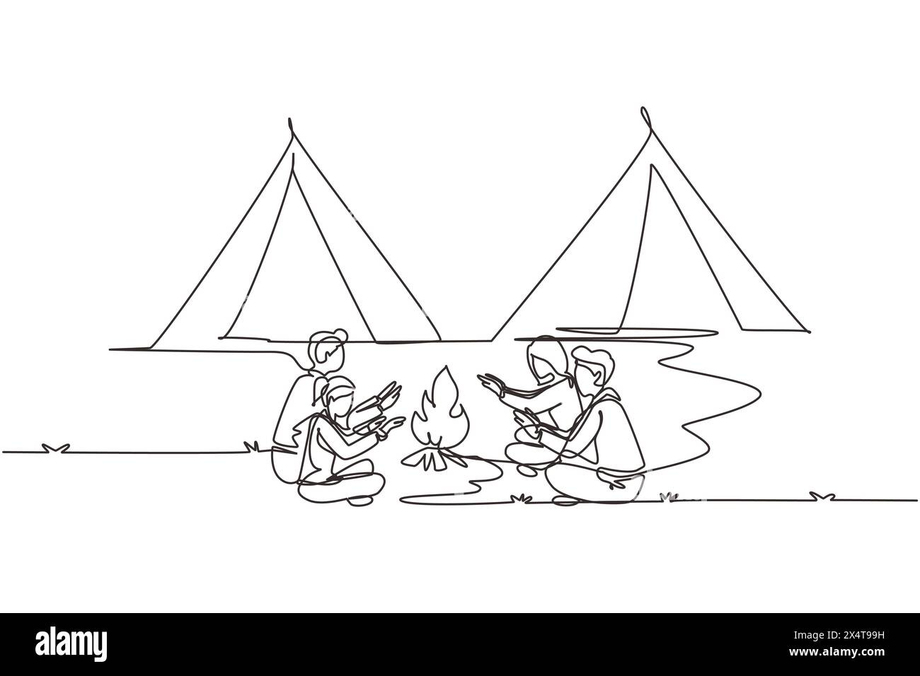 Una fila singola che disegna due coppie in campeggio intorno alle tende da campeggio. Un gruppo di uomini e donne si scaldano le mani vicino al falò seduto a terra. Gita nella natura selvaggia Illustrazione Vettoriale