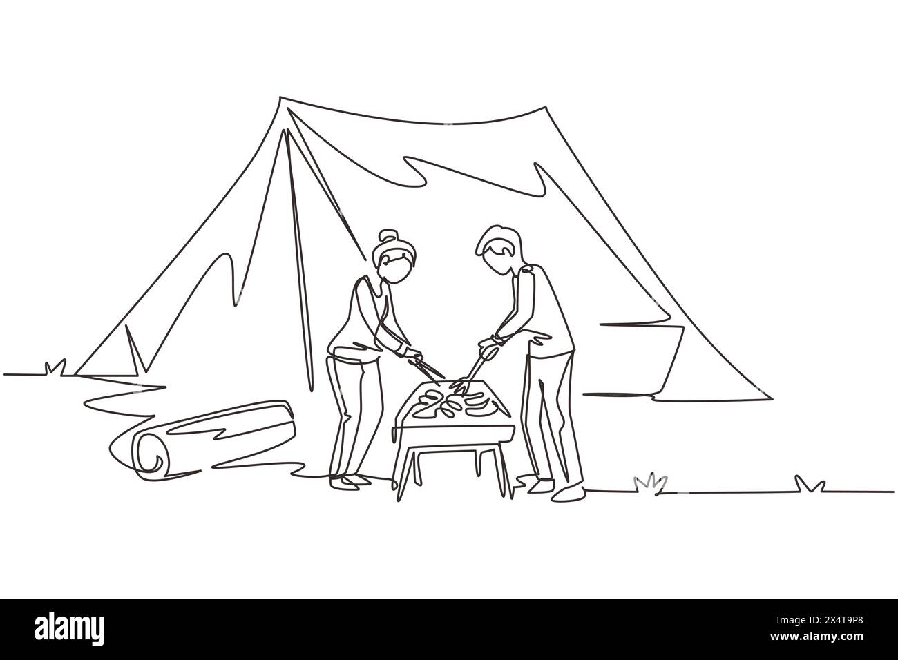 Una sola linea che disegna una coppia felice stanno facendo un barbecue in montagna. Uomo donna in campeggio nella foresta, attività ricreative, appuntamento romantico fuori città. C Illustrazione Vettoriale