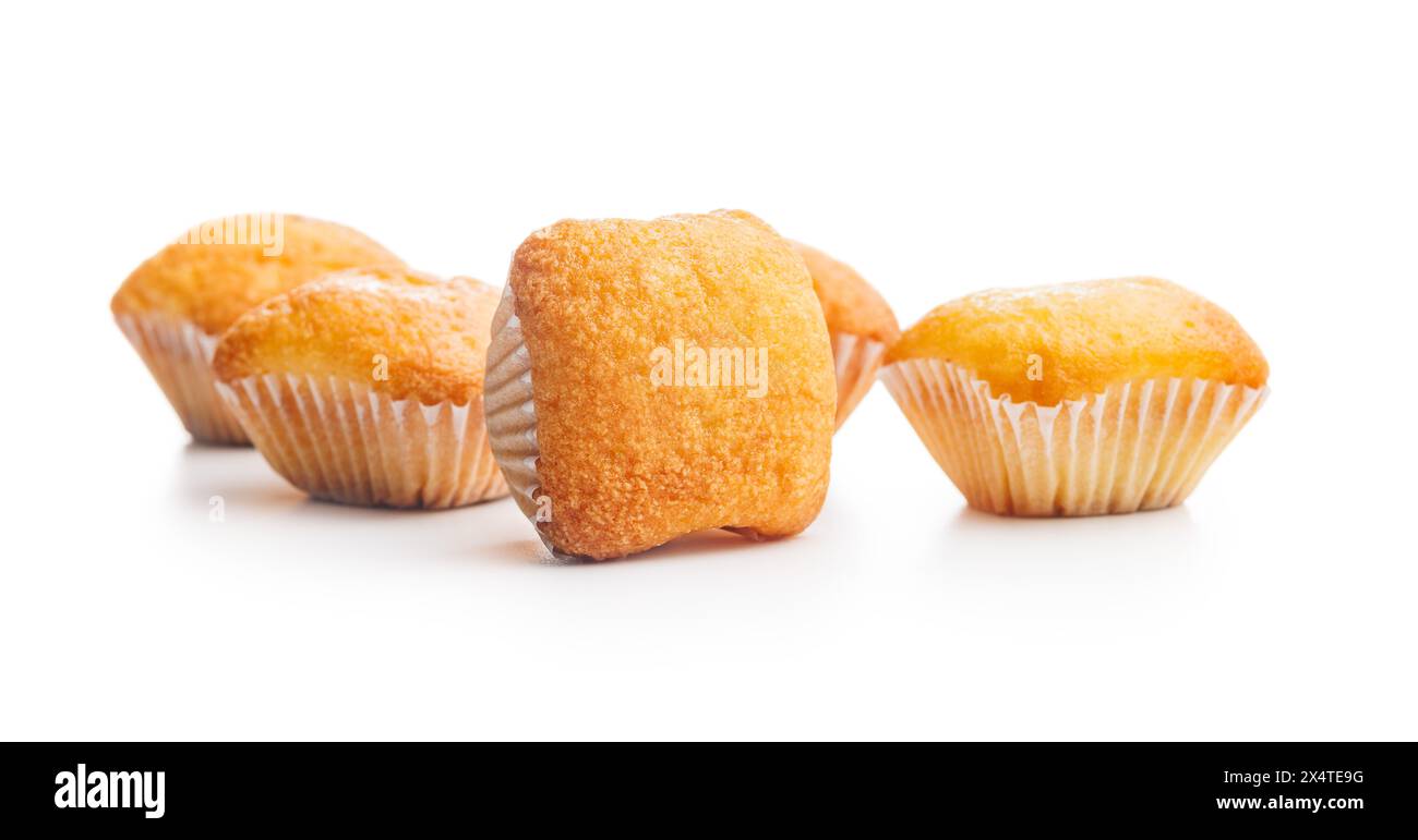 Magdalenas i tipici muffin spagnoli isolati su fondo bianco. Foto Stock