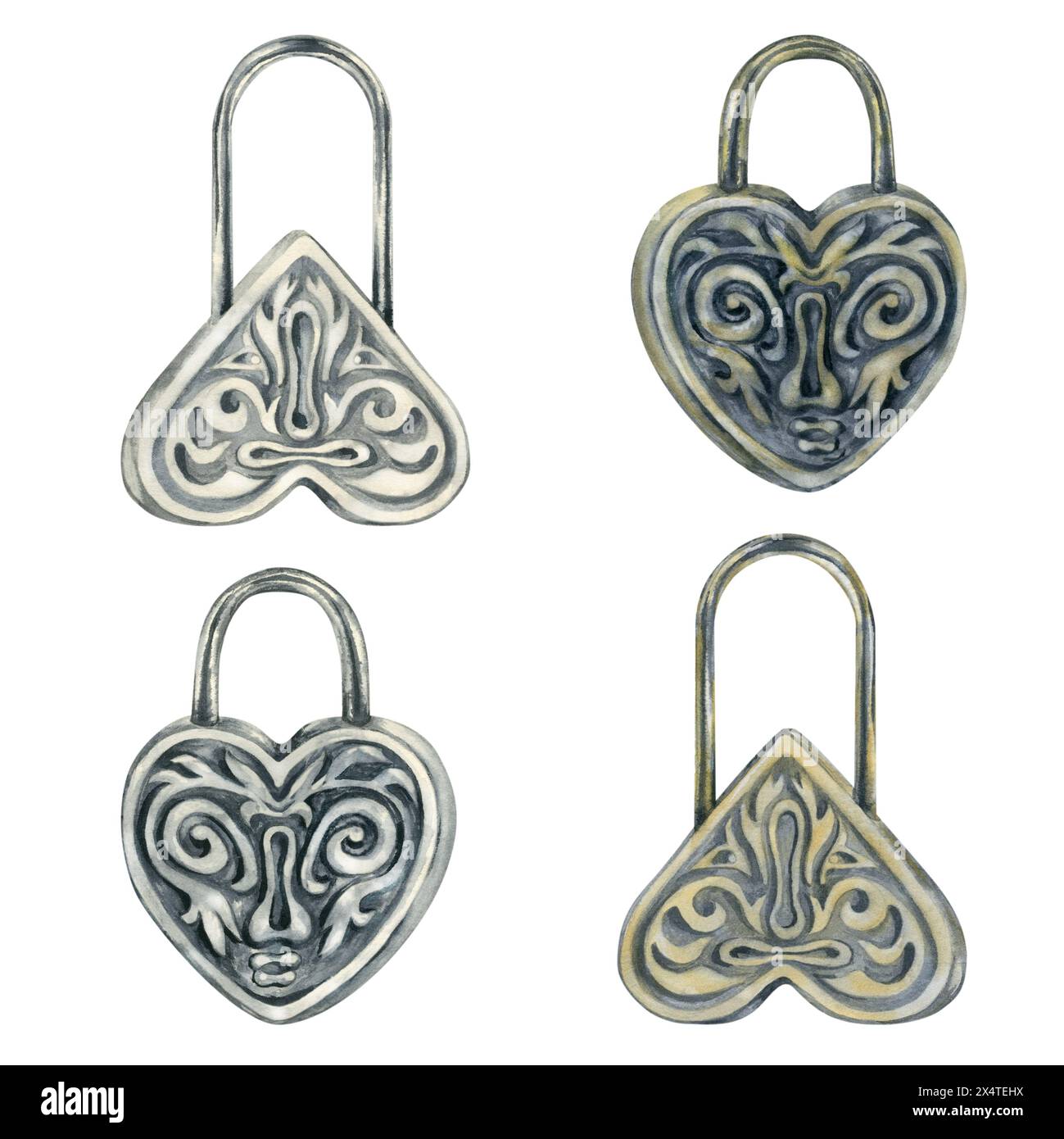 Lucchetti a forma di cuore in argento e oro da un antico set di scrittura. Illustrazione ad acquerello per il modello di design per il matrimonio, San Valentino, K storico Foto Stock