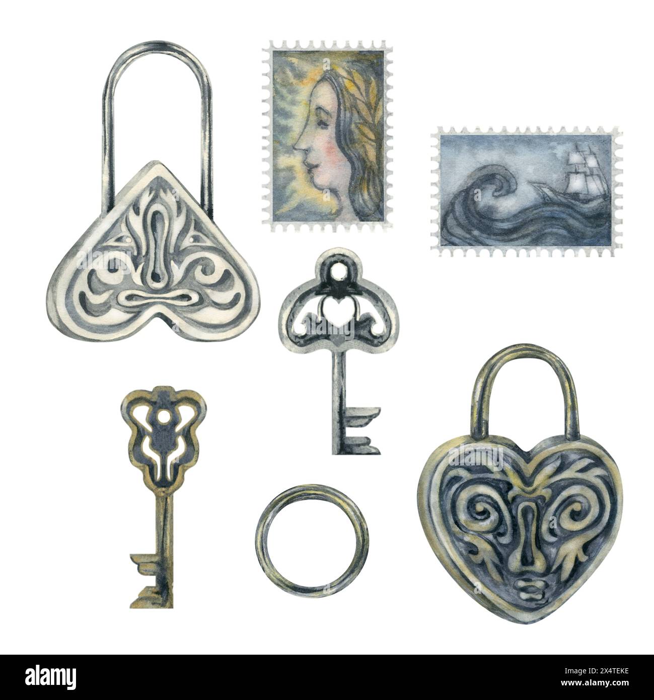 Serrature a forma di cuore in argento e oro, chiavi e vecchi francobolli da un set di scritture antico. Illustrazione acquerello per il modello di design per il matrimonio, Valentin Foto Stock