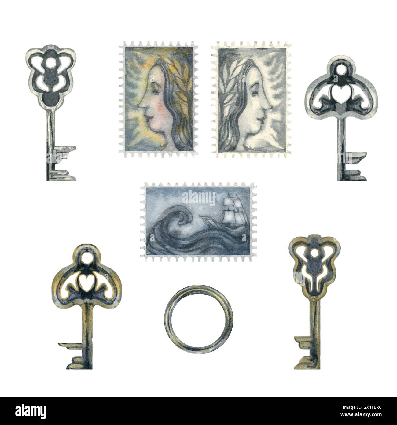 Chiavi in argento e oro e vecchi francobolli da un set di scritture antico. Illustrazione ad acquerello per il modello di design per il matrimonio, San Valentino, storico Foto Stock