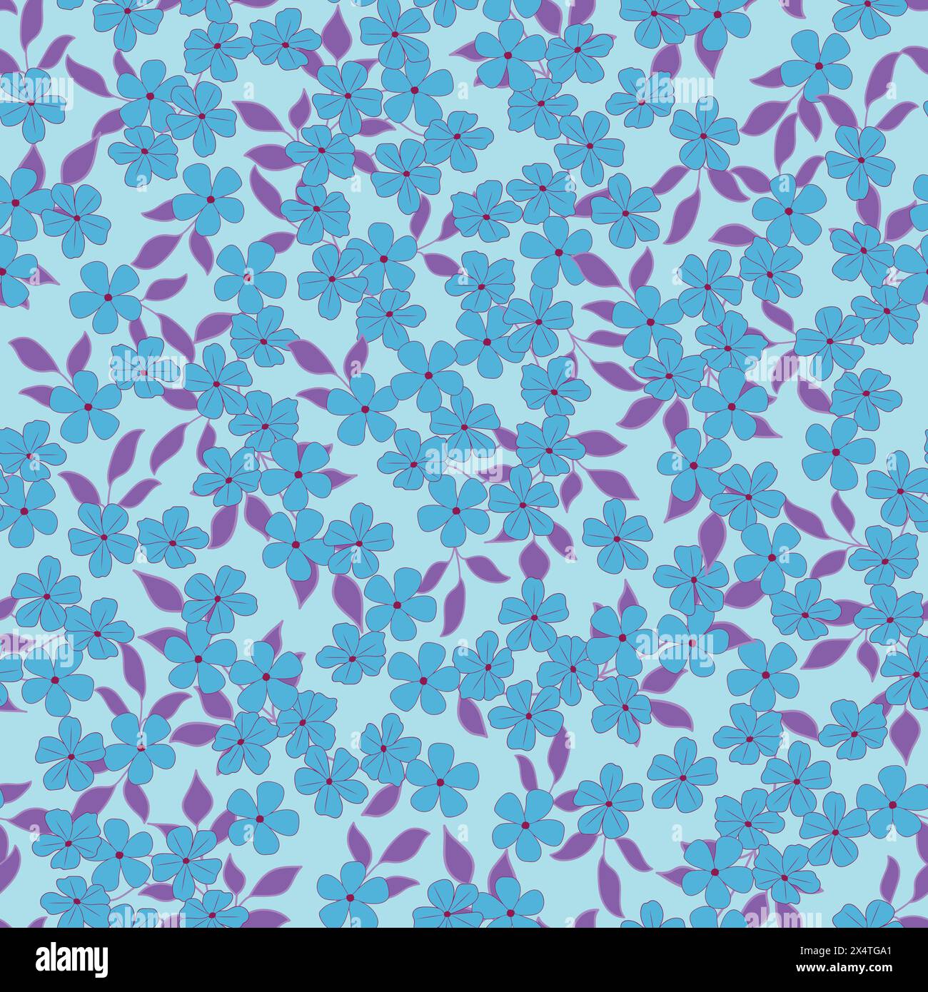 Un intricato motivo di fiori viola, viola e magenta su sfondo blu elettrico. Questo design artistico renderebbe un accessorio alla moda Illustrazione Vettoriale