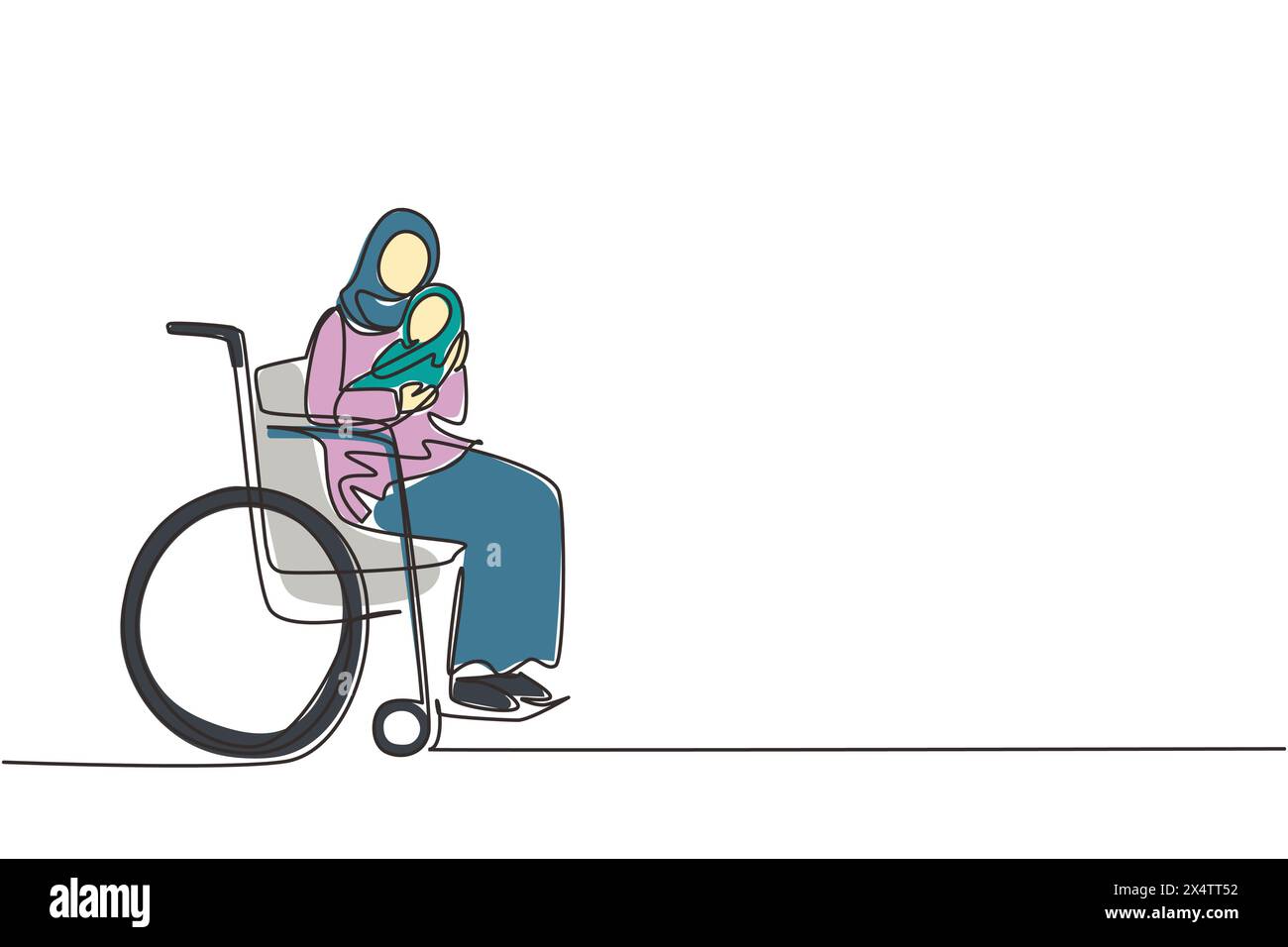 Linea continua che disegna i genitori con il neonato. Donna araba che tiene il bambino seduto in sedia a rotelle. Donna disabile che tiene il bambino tra le braccia. Famiglia lo Illustrazione Vettoriale