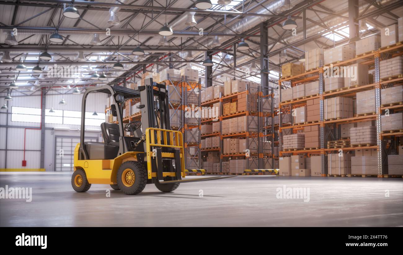 Magazzino di vendita al dettaglio pieno di scaffali con scatole di cartone e confezioni. Logistica, stoccaggio e consegna background industriale. illustrazione 3d. Foto Stock