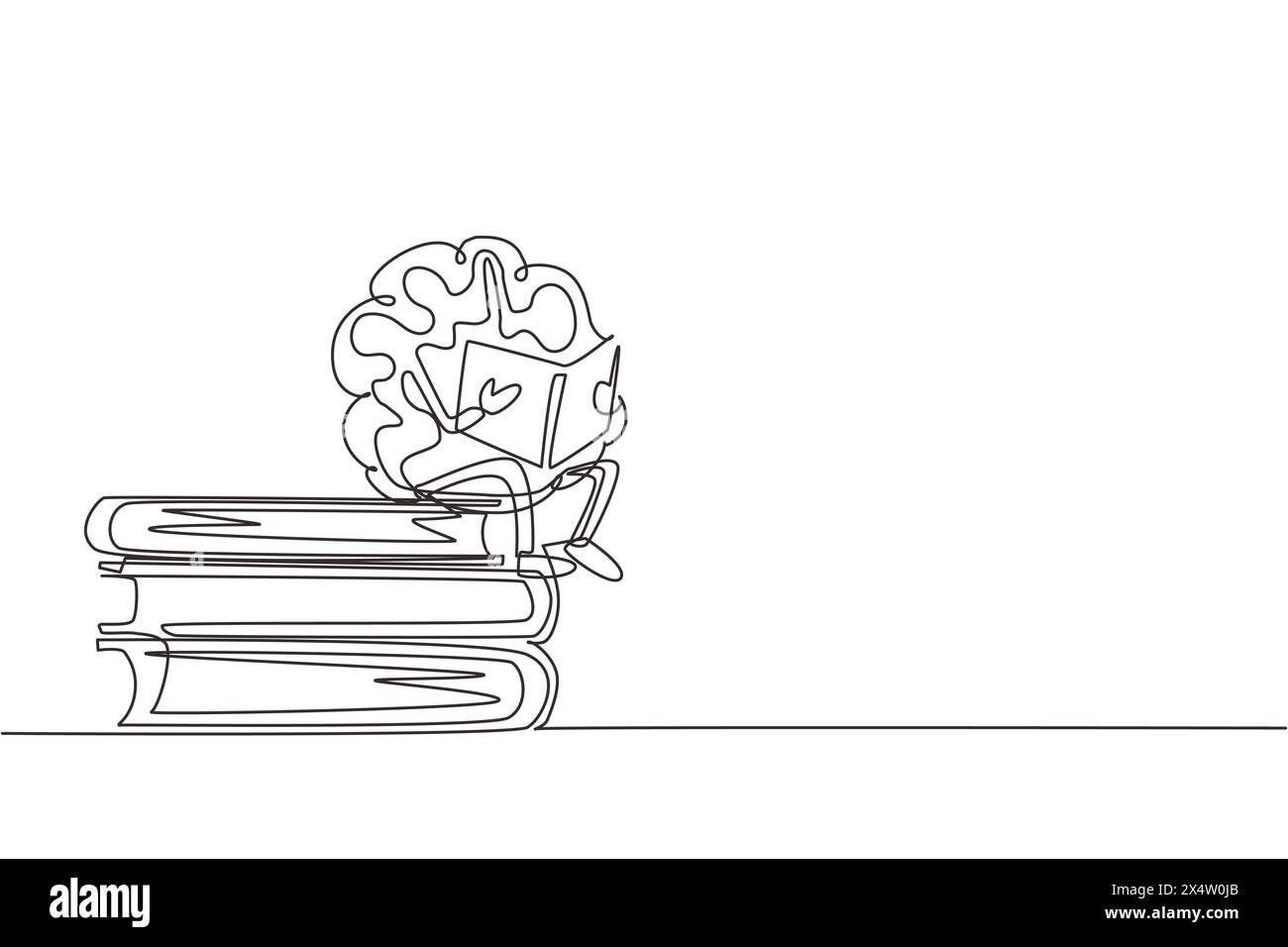Libro continuo di lettura del cervello su una linea. Divertente personaggio cerebrale seduto su una pila di libri. Stampa di apprendimento e studio. Scuola di istruzione poste Illustrazione Vettoriale