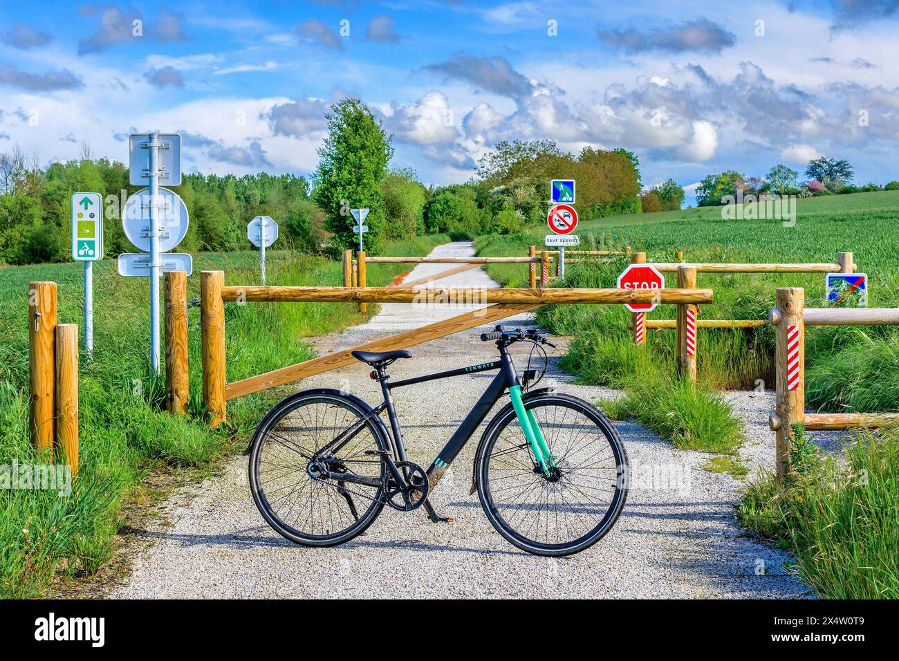 Bicicletta elettrica ibrida "Tenways" su pista ciclabile (voie verte / green way) dalla linea ferroviaria in disuso - sud-Touraine, Francia centrale. Foto Stock