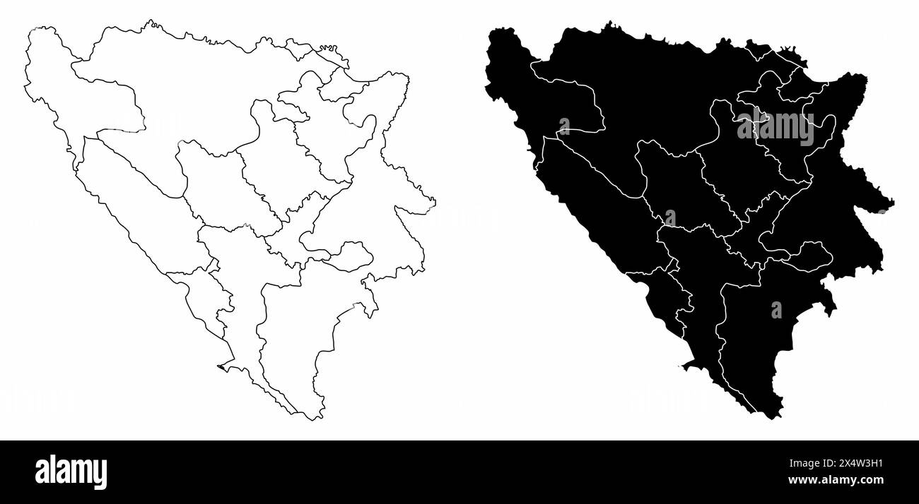 Le mappe amministrative in bianco e nero della Bosnia-Erzegovina Illustrazione Vettoriale