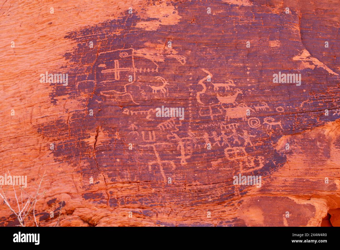 Antichi petroglifi nativi americani nella vernice del deserto dell'arenaria rossa al largo del sentiero del mouse's Tank Petroglyph Canyon presso il Valley of Fire State Park n Foto Stock