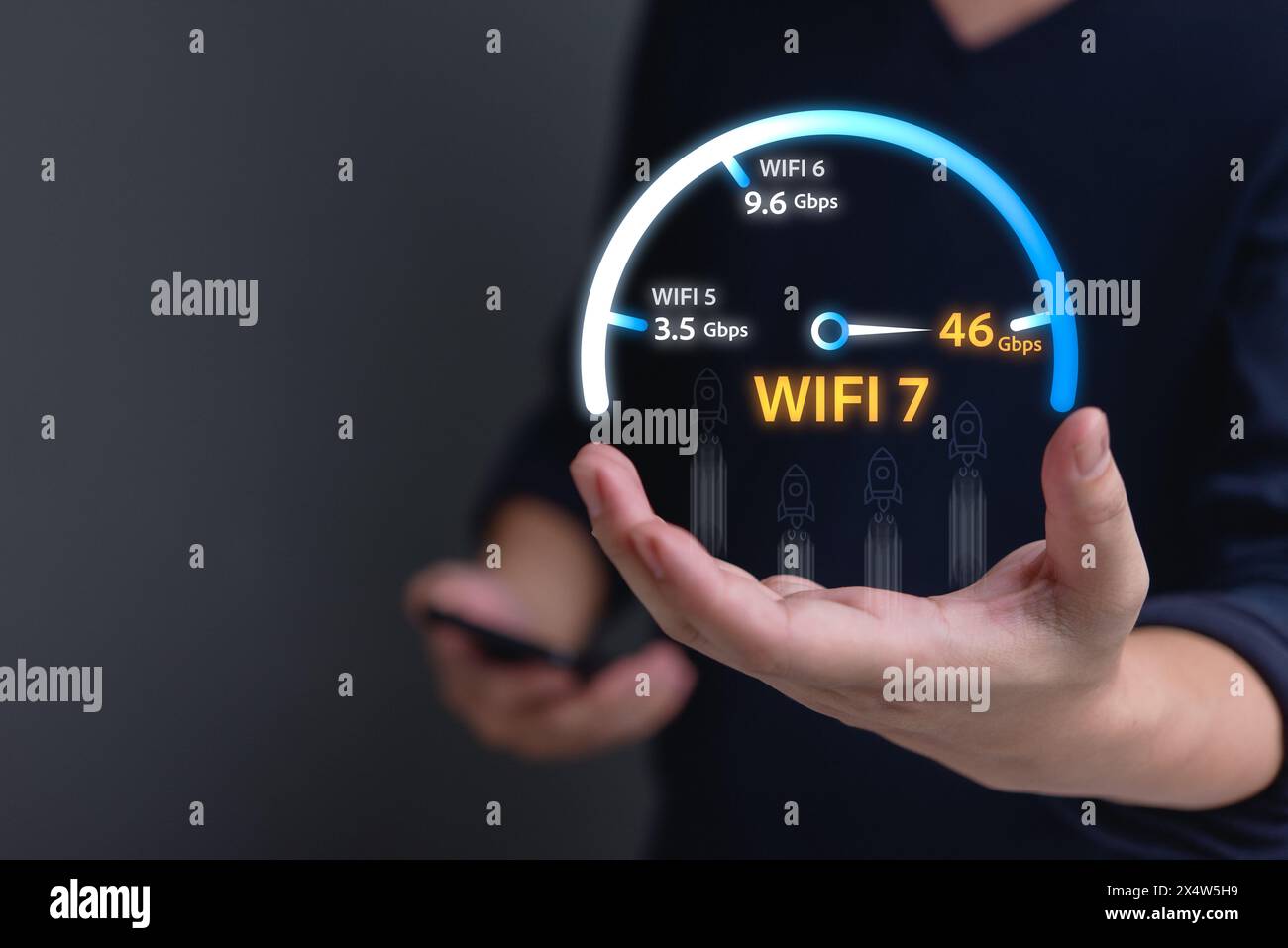 La tecnologia digitale segnala le comunicazioni di rete dati via Internet via wifi7. Foto Stock