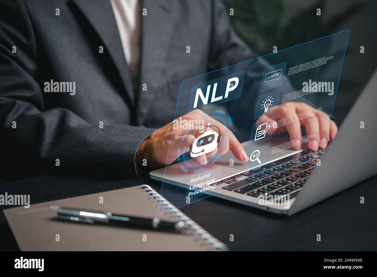 Professionale con grafica ai e NLP, che mette in risalto la tecnologia all'avanguardia nel business. presentazione dell'innovazione Foto Stock
