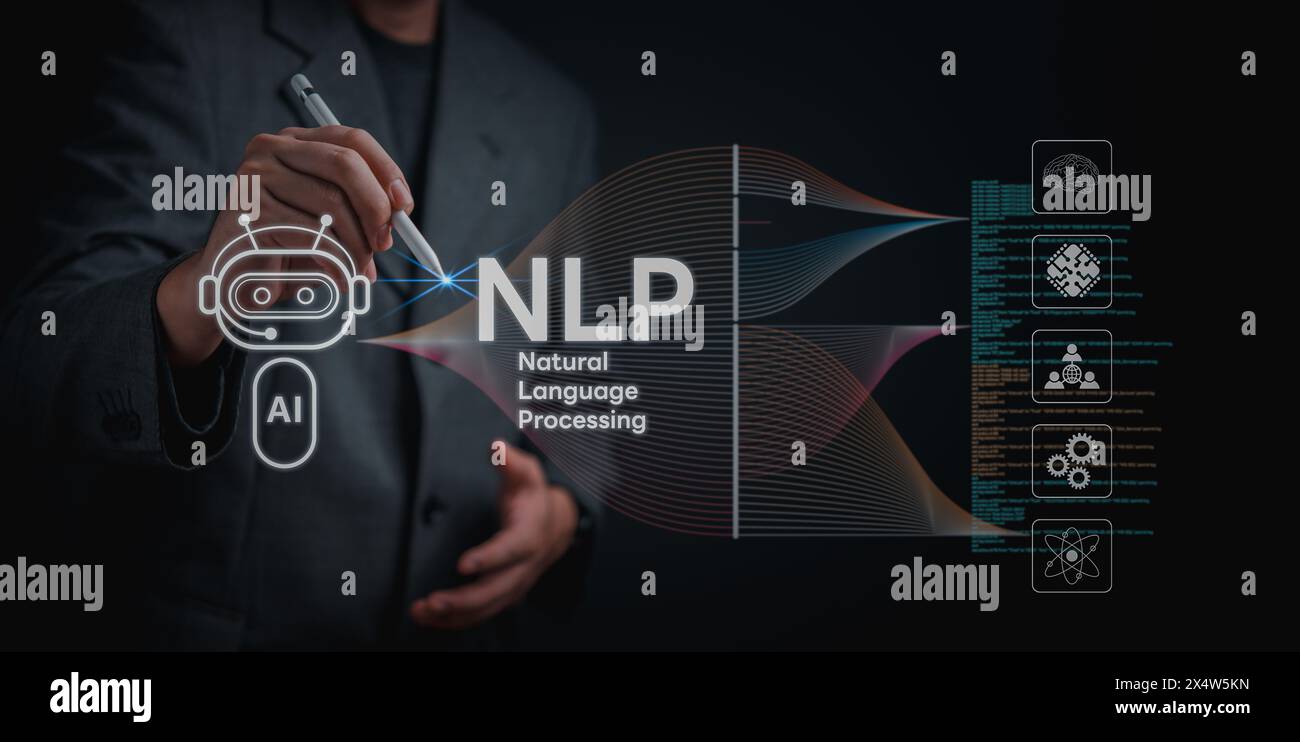 Professionale con grafica ai e NLP, che mette in risalto la tecnologia all'avanguardia nel business. presentazione dell'innovazione Foto Stock