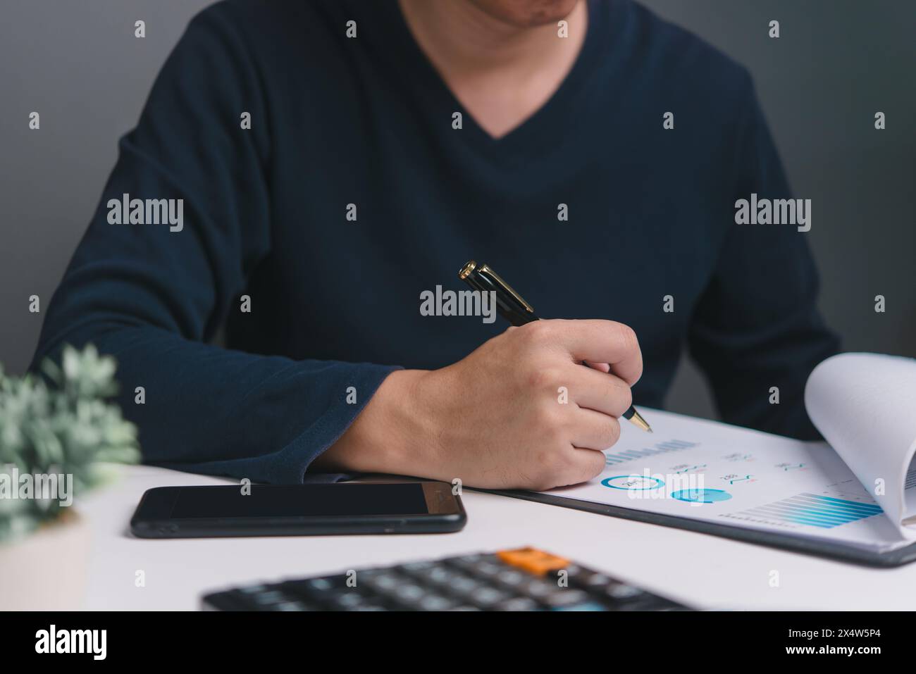 Un professionista aziendale esamina i rapporti analitici con la penna in mano. La scena cattura l'essenza della pianificazione strategica e della valutazione delle prestazioni. Foto Stock