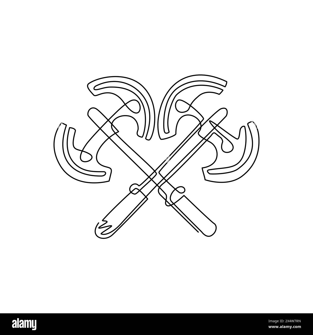 Singola linea continua disegnando due asce larghe incrociate, ascia medievale, ascia da battaglia, ascia carneficina. Elemento per il fregio o l'icona della lavorazione del legno o del boscaiolo. Illustrazione Vettoriale