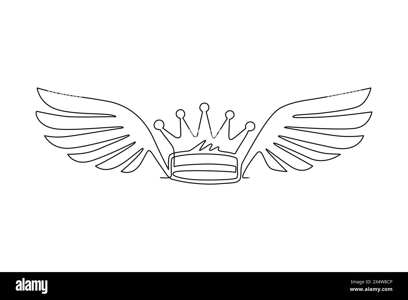 Una linea continua che disegna la corona con le ali. Icona della corona fantasy isolata sul bianco. Insegna Royal, LUXURY, vip, First Class. Premio vincitore. Magia, Fairyta Illustrazione Vettoriale