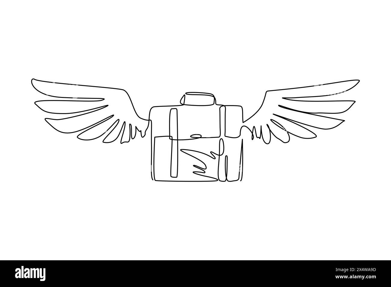 Valigetta singola da disegno a linea continua con logo con icona Ali piatte. Valigia da viaggio isolata in volo. Simbolo del turismo, dei bagagli e del viaggio. Dynami Illustrazione Vettoriale