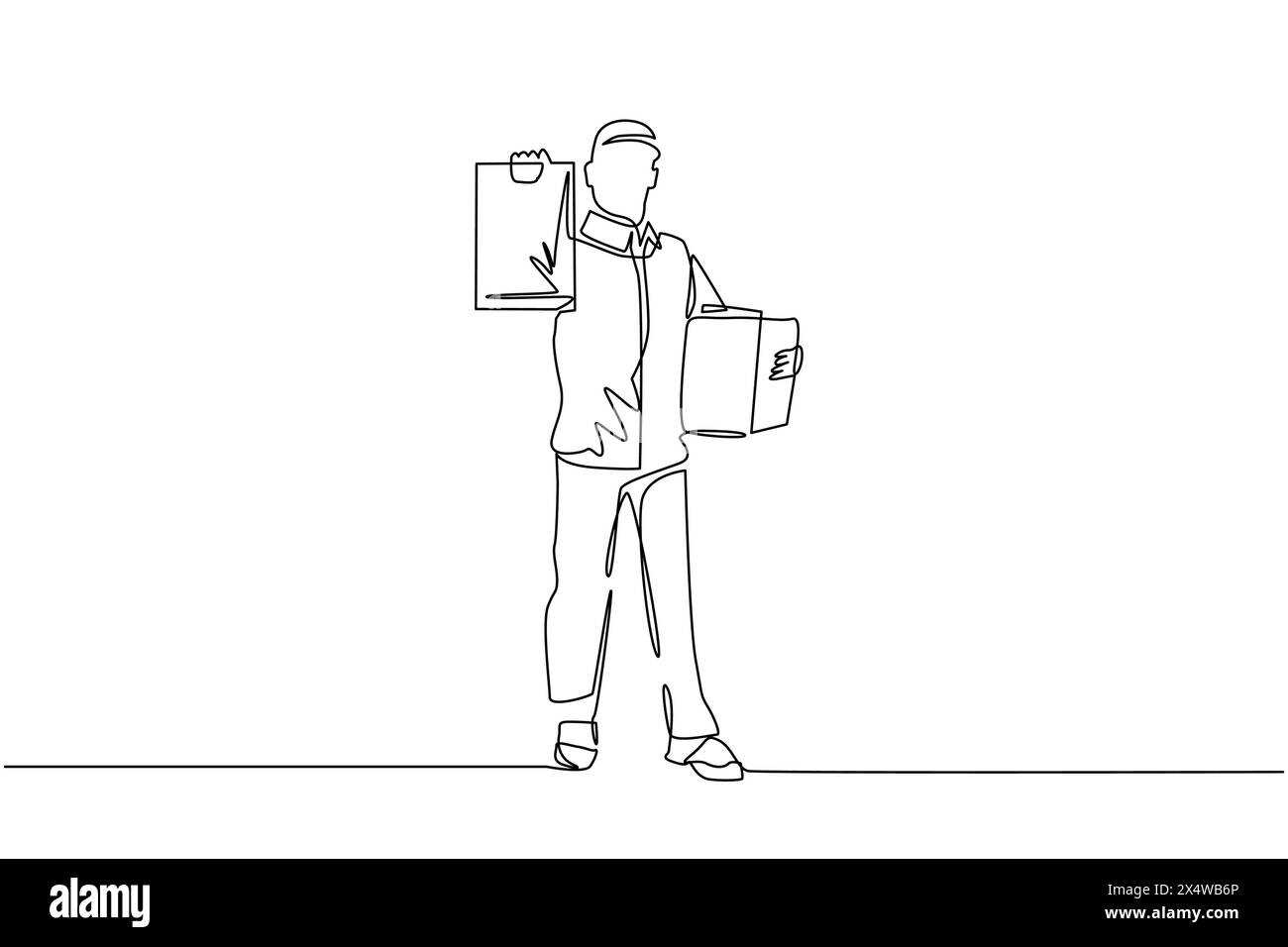 Un unico disegno a linea continua uomo felice con cassetta postale e appunti. Servizio di consegna ai dipendenti con Big Box. Concetto di spedizione. Dynami Illustrazione Vettoriale
