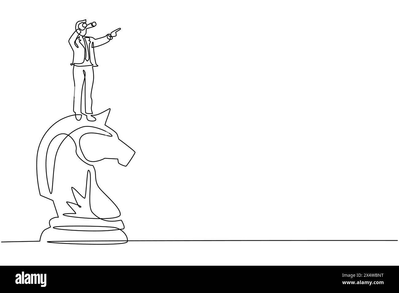 Un'unica linea che attira un uomo d'affari sopra un grande pezzo di scacchi a cavallo con un telescopio in cerca di successo, opportunità, tendenze commerciali future. Contin Illustrazione Vettoriale